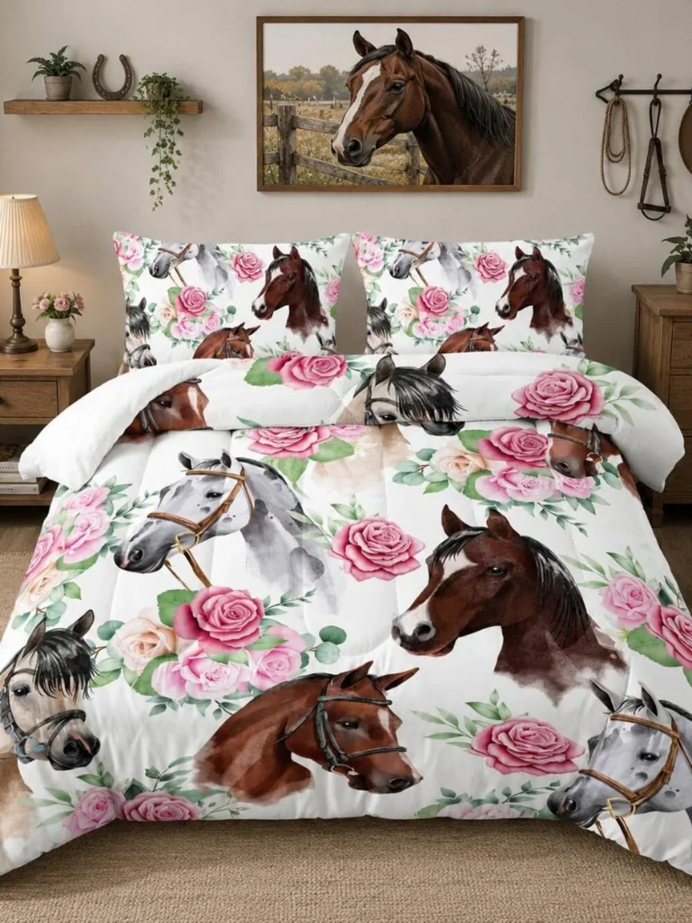 Horse and Flower Comforter Set for Girls Kids Horse and Floral 3 Piece Bedding S